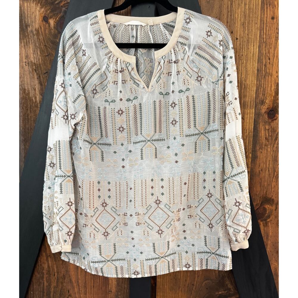Soft Surroundings Boho Semi Sheer Embroidered Long Sleeve Top Size M
